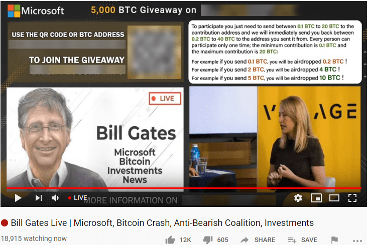 Arnaque Bitcoin sur Youtube, les cybercriminels se font passer pour Bill Gates
