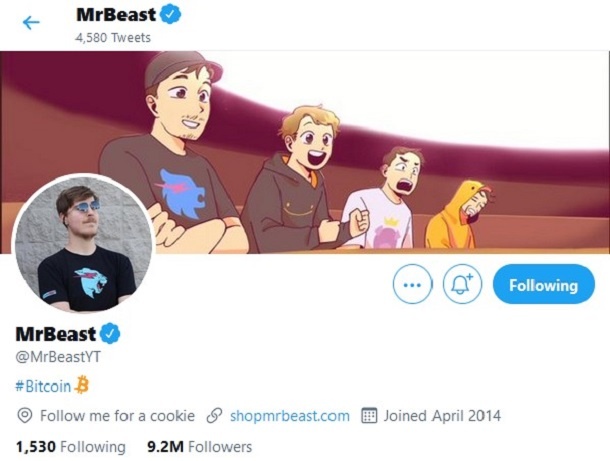 Comme Elon Musk, le célèbre Youtubeur MrBeast ajoute Bitcoin à la bio de son profil Twitter