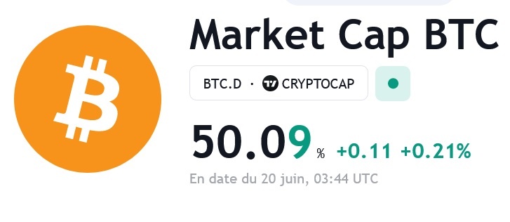 La capitalisation boursière du Bitcoin (BTC) dépasse les 50% sur le marché crypto