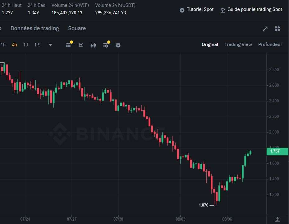 Le cours DogWifHat (WIF) en hausse de 28% loin devant les memecoins Dogecoin (DOGE), Shiba Inu (SHIB), BONK, FLOKI et PEPE