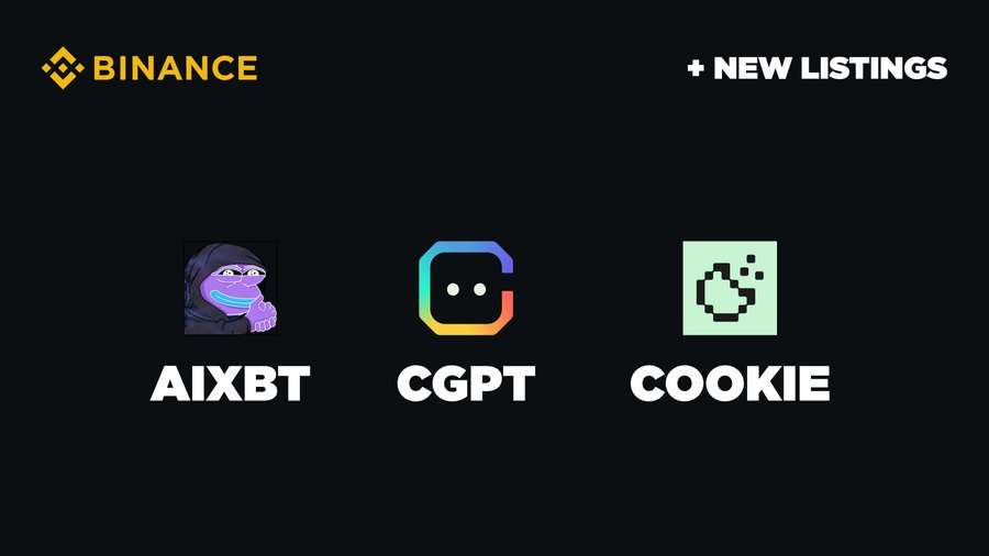 Binance a lancé le trading des cryptomonnaies Virtuals (AIXBT), ChainGPT (CGPT), et Cookie DAO (COOKIE)